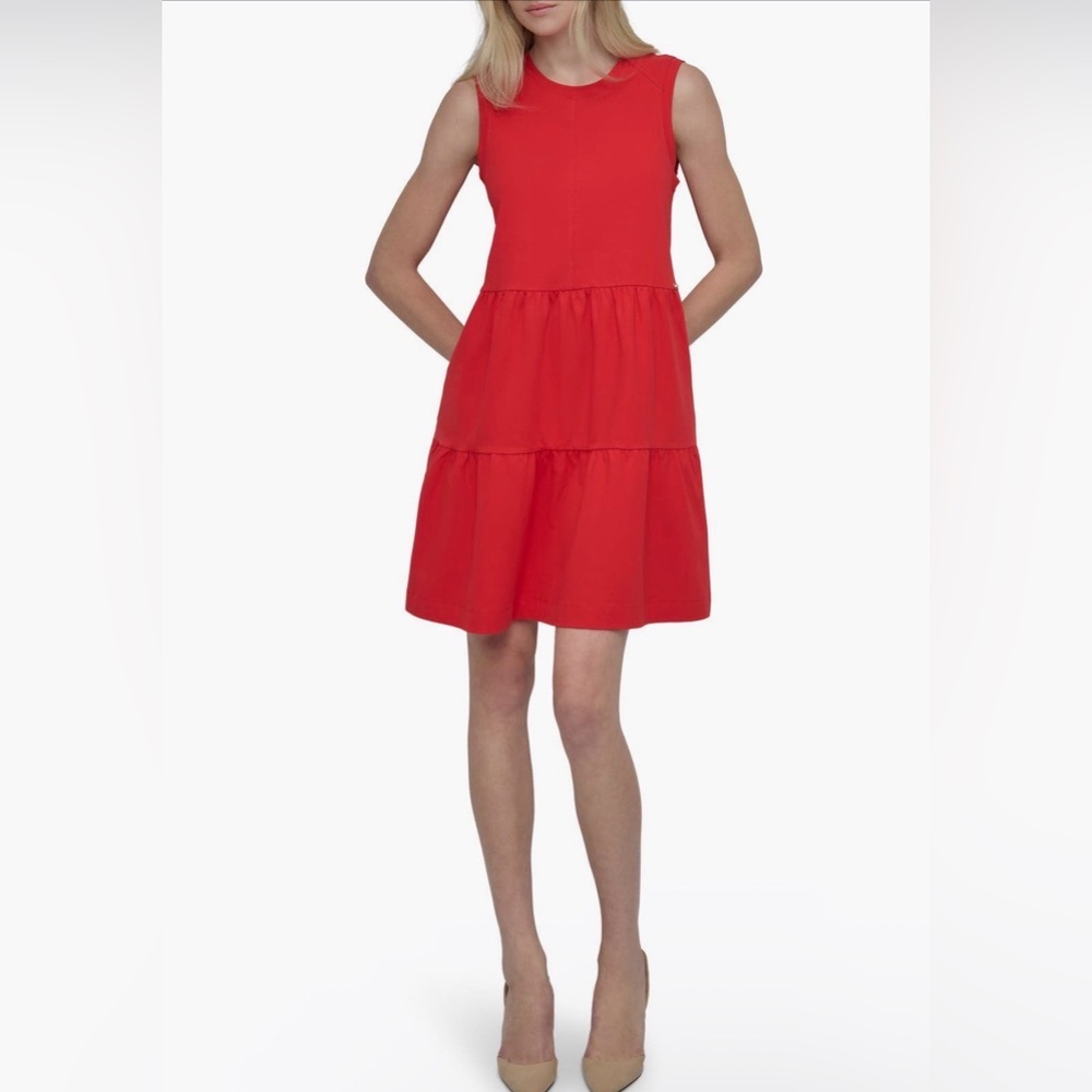 NWT DKYN Sleeveless Stretch Tiered Red Cotton Dress Sz Medium